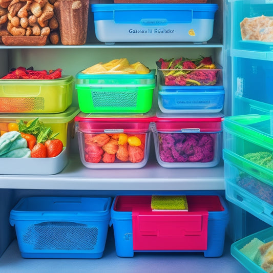 A neatly organized chest freezer with labeled baskets, stacked containers, and a color-coded system, showcasing a frozen meal prep station with portioned meals and a "first in, first out" shelf.