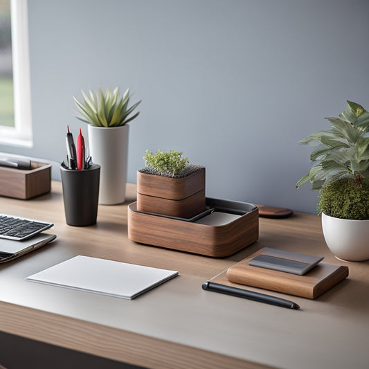 A tidy, modern desk with a minimalist wooden organizer, a small potted plant, and a few, carefully arranged office supplies, such as a paper tray, a pen holder, and a small stapler.