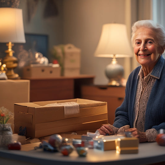 An older adult, smiling and relaxed, stands in a tidy, well-lit room with a few select sentimental items, surrounded by empty boxes and a minimalist backdrop, with a subtle warm glow.