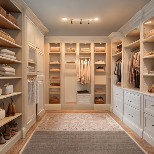 A serene, walk-in closet with creamy walls, dark wood flooring, and a vaulted ceiling, featuring a floor-to-ceiling shelving unit with glass doors, a built-in dresser, and a plush area rug.