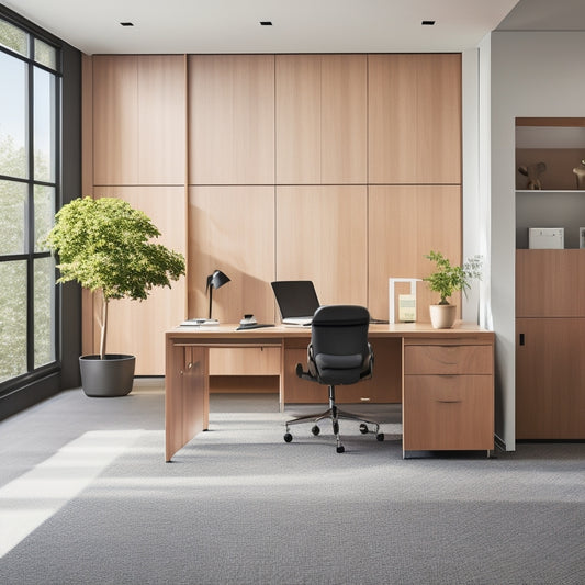 A modern, sleek office with a large, floor-to-ceiling PAX wardrobe system in a light wood tone, filled with organized office supplies, files, and accessories, surrounded by a minimalist desk and ergonomic chair.