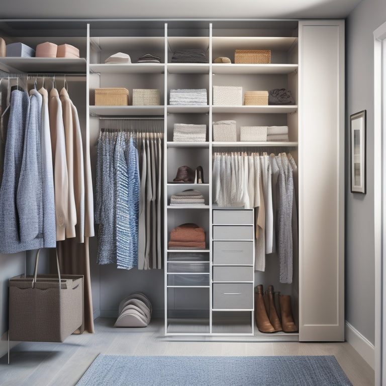 A serene, well-lit closet interior with an Elfa rack system, featuring sleek, silver shelves and rods, surrounded by neatly organized clothing, shoes, and accessories, with a subtle, soft focus background.