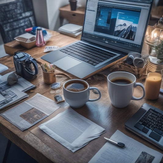 A cluttered desk with a laptop open to a flooded inbox, papers and files scattered around, a stressed person's hands hovering over the keyboard, surrounded by coffee cups and forgotten notes.