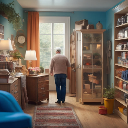 A warm, well-lit interior scene featuring a tidy, organized room with a senior adult (60s-70s) effortlessly accessing storage units with ergonomic handles, adjustable shelving, and clear paths for easy navigation.