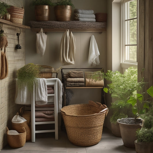 A tidy, rustic-chic laundry room with a repurposed wooden ladder leaning against a wall, holding woven baskets and a few potted plants, surrounded by soft, warm lighting.