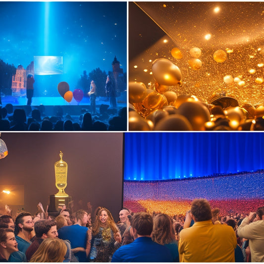A split-screen image: on the left, a gold trophy with a blue HD DVD disc on top, surrounded by confetti and balloons; on the right, a darkened theater with a projector screen displaying a film still, with ecstatic people cheering in the seats.
