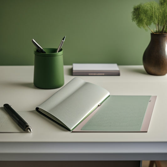 A tidy, minimalist desk with a few organized papers, a single pen, and a small, open planner, surrounded by a subtle, calming green background, evoking a sense of clarity and control.