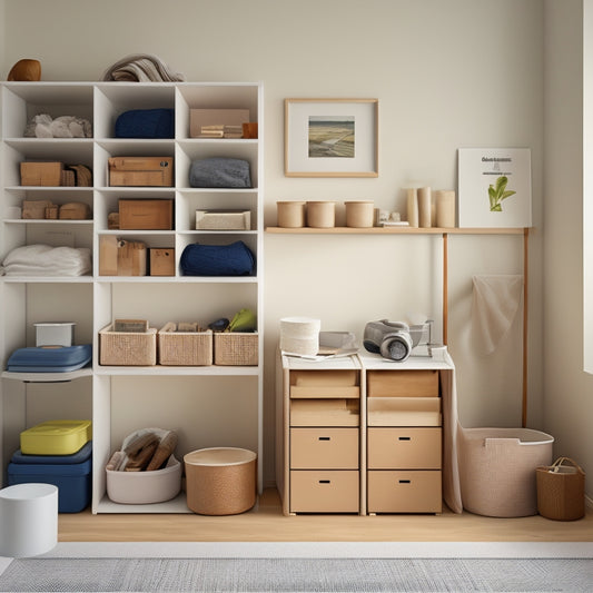 A tidy, well-lit room with a few essential decluttering tools on a wooden table: a label maker, a set of storage bins, a trash bag, and a minimalist shelving unit against a calm, neutral-colored background.