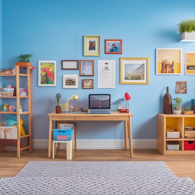 A bright, modern room with a large, wooden command center desk against a white wall, adorned with colorful storage bins, a bulletin board, and a few framed family photos.