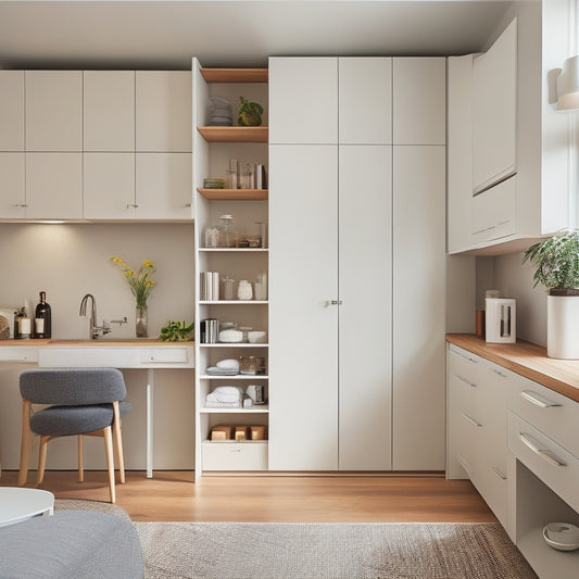 A clutter-free, minimalist studio apartment with a Murphy bed, floor-to-ceiling shelves, and a compact kitchenette, showcasing a variety of clever storage solutions and space-saving furniture.