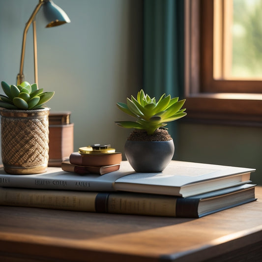 A serene, minimalist desk with a single, blooming succulent, a tidy stack of three books, and a small, leather-bound journal, surrounded by empty space, lit by a warm, natural light.