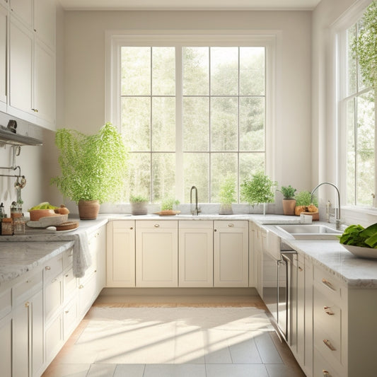 A serene kitchen scene: soft morning light pours through a large window, illuminating a sparse, all-white space with a single, sleek island, minimal cabinetry, and a few, carefully placed greenery.