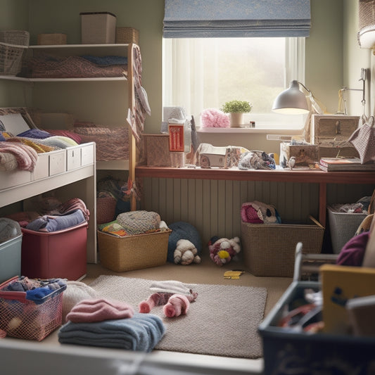 A cluttered room with overflowing closets, scattered toys, and piles of dirty laundry, contrasted with a serene and organized space featuring labeled storage bins, a tidy desk, and a peaceful atmosphere.