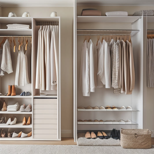 A serene, well-lit closet interior with cream-colored walls, wooden shelves, and a minimalist aesthetic, showcasing neatly organized clothes on velvet hangers and shoes on a tiered rack.