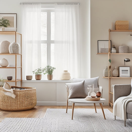 A bright, airy living room with a minimalist aesthetic, featuring a sleek, wall-mounted shelf with neatly arranged books and decorative items, and a woven basket storing neatly folded throw blankets.