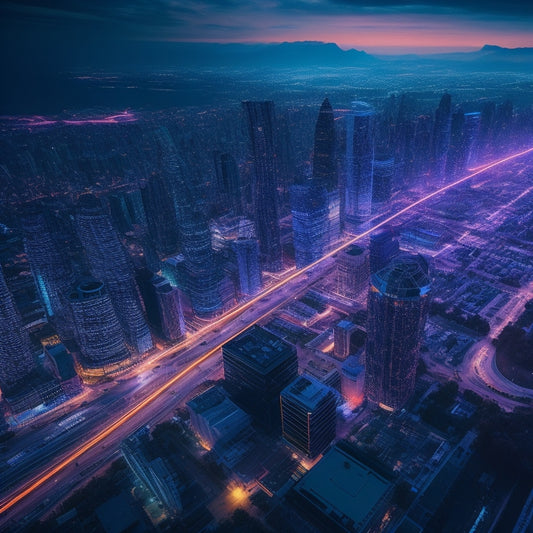 A futuristic, neon-lit cityscape at dusk with sleek skyscrapers, interconnected by glowing fiber optic cables, surrounded by orbiting satellites and subtle, swirling network patterns.