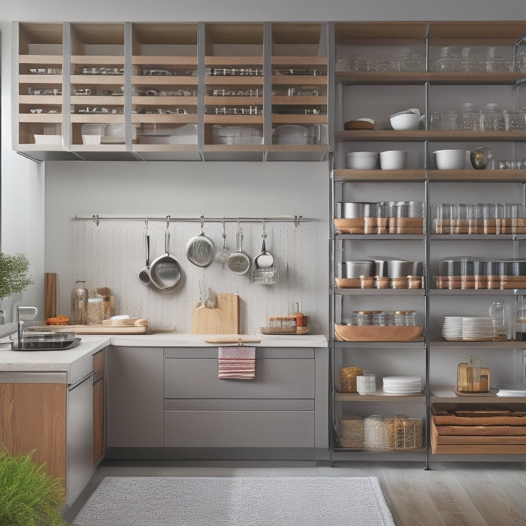 A modern kitchen with sleek, floor-to-ceiling cabinets, retractable spice racks, and a pegboard with hanging utensils, showcasing efficient use of vertical space for maximum storage.