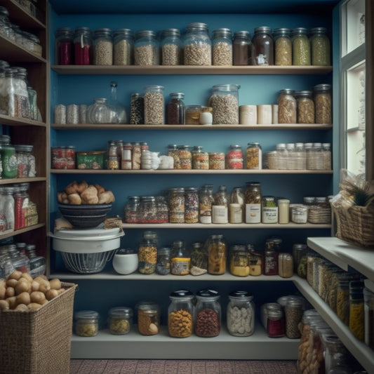 A cluttered kitchen pantry with wasted vertical space, featuring a single shelf overcrowded with food items, a few empty jars stacked haphazardly, and a dark, unused space above.