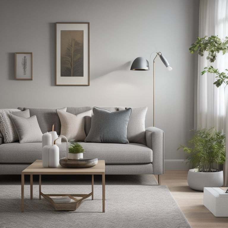 A minimalist living room with a corner sofa in a light gray fabric, surrounded by a few carefully placed decorative items, and a small side table tucked into the remaining corner space.