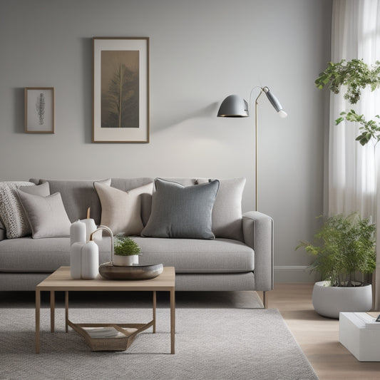 A minimalist living room with a corner sofa in a light gray fabric, surrounded by a few carefully placed decorative items, and a small side table tucked into the remaining corner space.