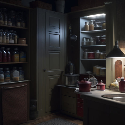 A dimly lit kitchen cabinet with doors slightly ajar, revealing a cluttered interior with expired canned goods, dusty cookbooks, and a few mysterious shadows lurking in the corners.