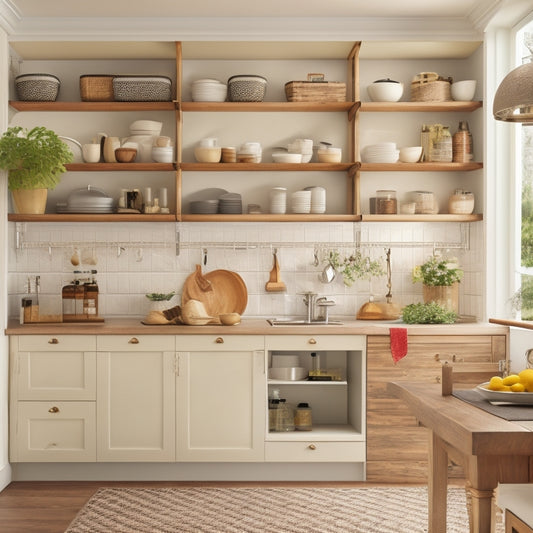 A tidy, L-shaped kitchen with a wall-mounted pot rack, a slide-out spice cabinet, and a corner shelving unit with woven baskets, surrounded by creamy white walls and warm, dark wood accents.