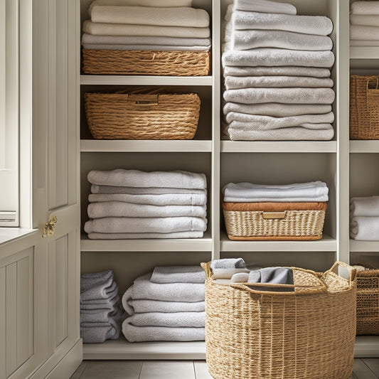 A serene, organized linen closet with crisp, white folded sheets stacked on wooden shelves, woven baskets holding plush towels, and a few elegant, ornate storage bins on the floor.