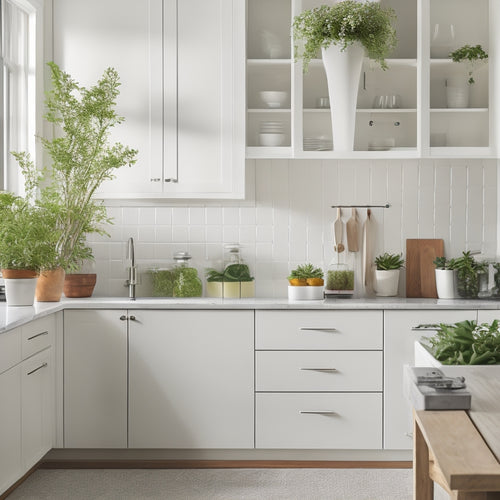 A serene, well-organized kitchen with sleek white cabinets, stainless steel appliances, and a minimalist countertop featuring a few, carefully placed, decorative ceramic jars and a small, potted herb plant.