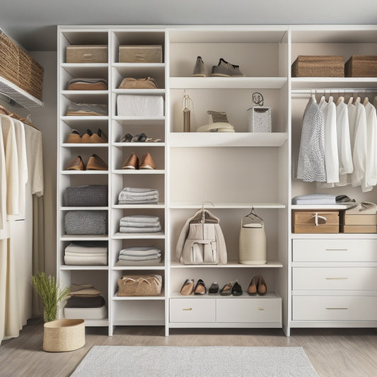 A serene, modern closet interior with sleek shelves, a triple-tiered shoe rack, and a modular storage unit with drawers, baskets, and hanging rods, illuminated by soft, warm lighting.