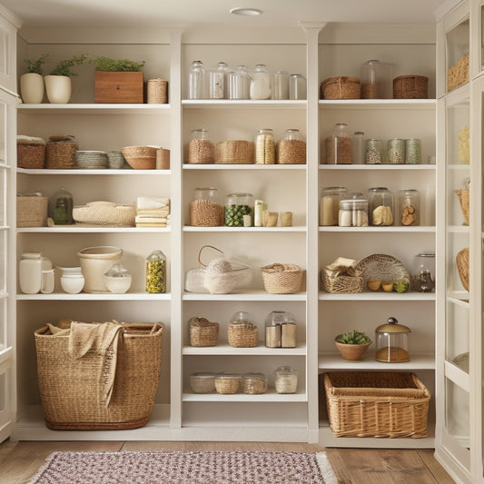 A tidy pantry with adjustable shelving, wicker baskets, and clear glass jars, featuring a neutral color scheme and warm lighting, with a few artfully arranged cookbooks and a small potted herb on a shelf.