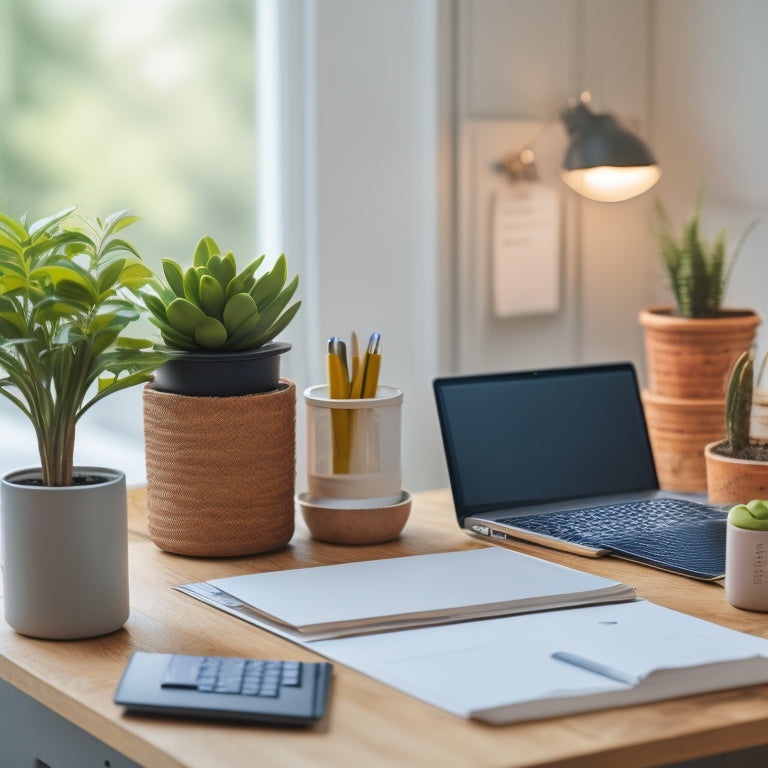 A tidy, minimalist workspace with a few stylish printable labels stuck to a few jars, a binder, and a laptop, surrounded by a few scattered pens and a small potted plant.