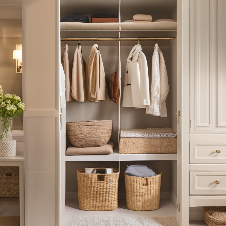 A serene, well-lit small closet with a few garments on a double rod, paired with a compact shelving unit and woven baskets, surrounded by calming beige and white tones.