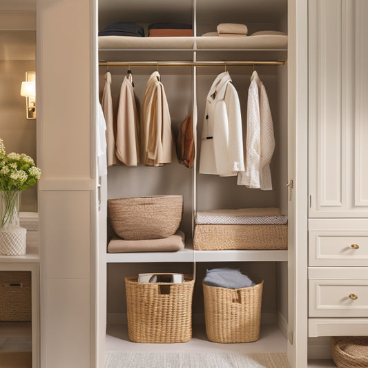 A serene, well-lit small closet with a few garments on a double rod, paired with a compact shelving unit and woven baskets, surrounded by calming beige and white tones.