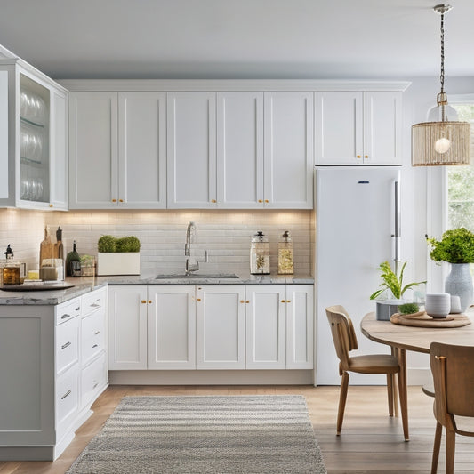 A serene, well-lit kitchen with sleek, white cabinets, featuring a corner carousel with transparent shelves, a built-in spice rack, and a pull-out trash can, surrounded by minimal, modern decor.