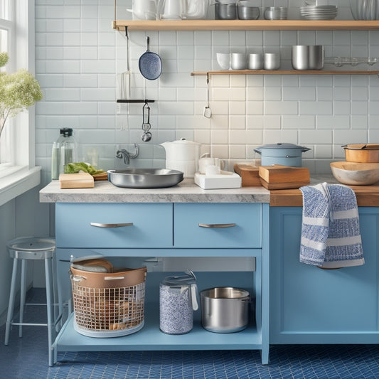 A clutter-free kitchen cart with stacked ceramic cookware, utensil holders, and a pull-out trash can, surrounded by a tidy kitchen backdrop with a few strategically placed kitchen gadgets.