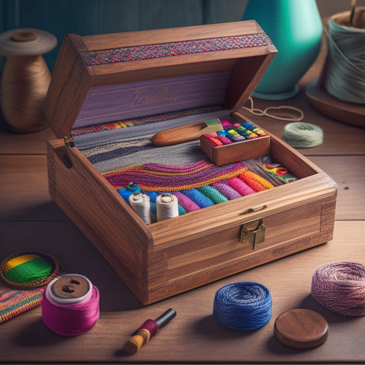 An illustration of a tidy sewing station with a rainbow of threads wrapped around a wooden dowel, surrounded by neatly arranged needles in a mini wooden chest, and a few scattered buttons.