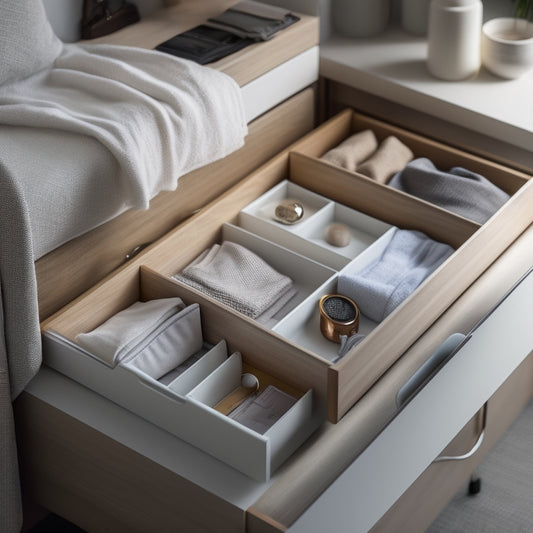 A serene, minimalist drawer interior with soft, warm lighting, featuring a custom divider system with wooden accents, storing neatly folded clothes, and a few carefully placed accessories.