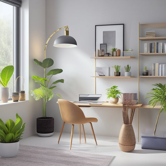 A minimalist, modern room with a sleek desk, tidy bookshelves, and a few, carefully-placed, colorful accents, surrounded by calm, natural light and a few, strategically-placed, potted plants.