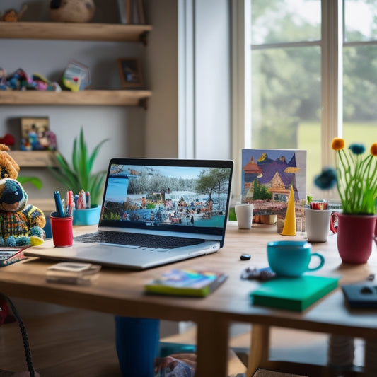 A serene home office with a laptop, notebook, and coffee cup, surrounded by toys and children's artwork, with a blurred-out background of kids engaged in online learning activities.