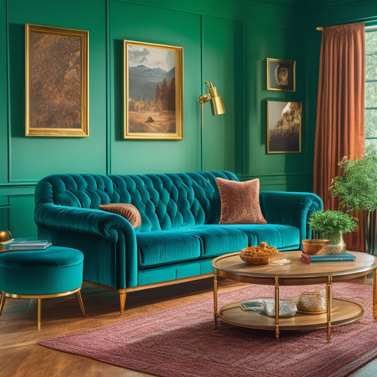 A cozy living room with a plush velvet sofa in emerald green, surrounded by a mix of modern and vintage furniture, against a backdrop of rich wood paneling and statement light fixtures.