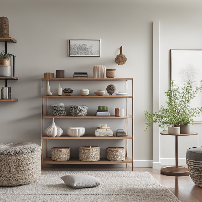 A serene, minimalist living room with a wall-mounted shelf system, labeled baskets, and a few, strategically-placed, sleek storage ottomans, surrounded by a few, carefully-curated, decorative pieces.