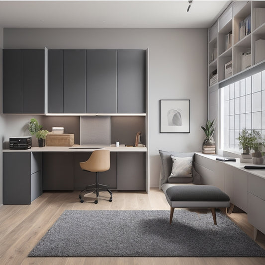 A clutter-free, modern apartment with a murphy bed, ottoman storage, hanging shelves, and a compact desk, all in a minimalist, monochromatic color scheme, showcasing efficient use of space.