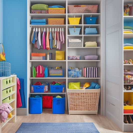 A tidy, well-organized children's closet with a mix of open shelves, drawers, and hanging rods, featuring colorful storage bins, a fun area rug, and a few toys and clothes scattered about.