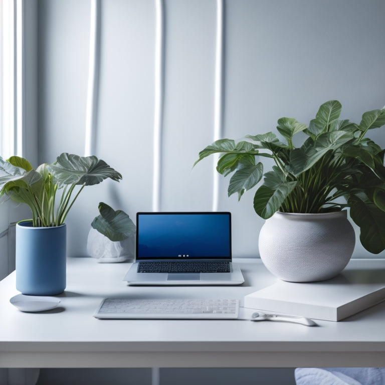 A serene, minimalist workspace with a laptop, a small potted plant, and a few carefully arranged essential items, set against a soft, calming background with a subtle gradient of blues and whites.