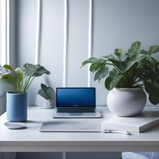 A serene, minimalist workspace with a laptop, a small potted plant, and a few carefully arranged essential items, set against a soft, calming background with a subtle gradient of blues and whites.