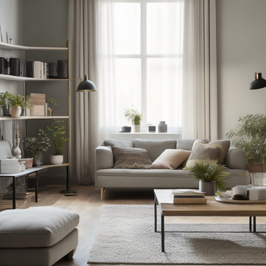 A serene, minimalist living room with a laptop on a tidy coffee table, surrounded by a few, carefully-arranged decorative items, and a subtle, blurred background of organized shelves and a clutter-free floor.