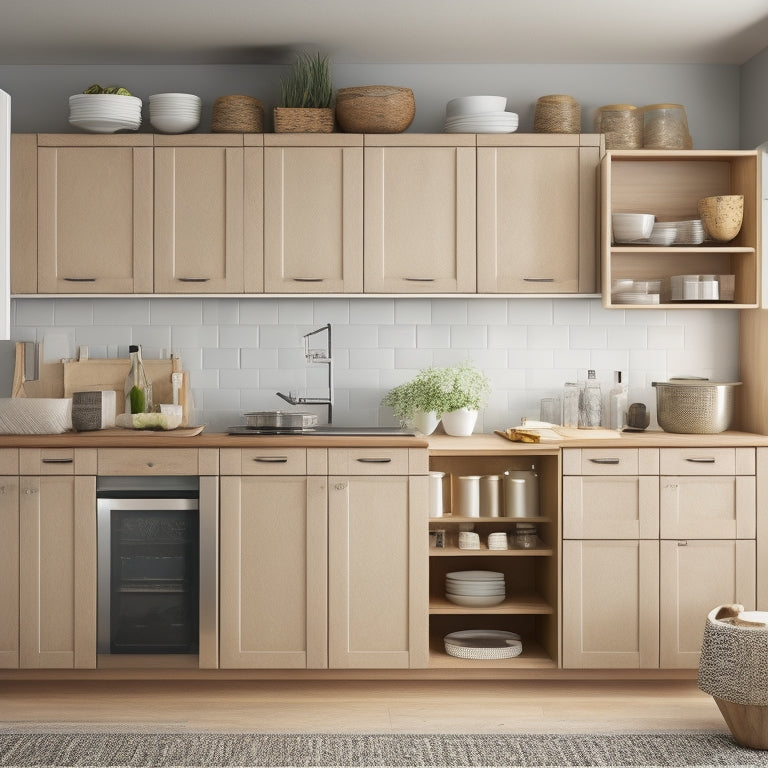 A compact kitchen with sleek, handle-less cabinets in a light wood tone, featuring a pull-out spice rack, a wall-mounted pot lid organizer, and a retractable kitchen island with a built-in Lazy Susan.