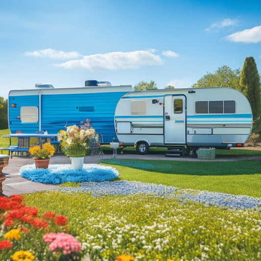 A colorful, renovated RV exterior with opened awning, outdoor rug, and patio furniture, surrounded by blooming flowers and lush greenery, set against a bright blue sky with fluffy white clouds.