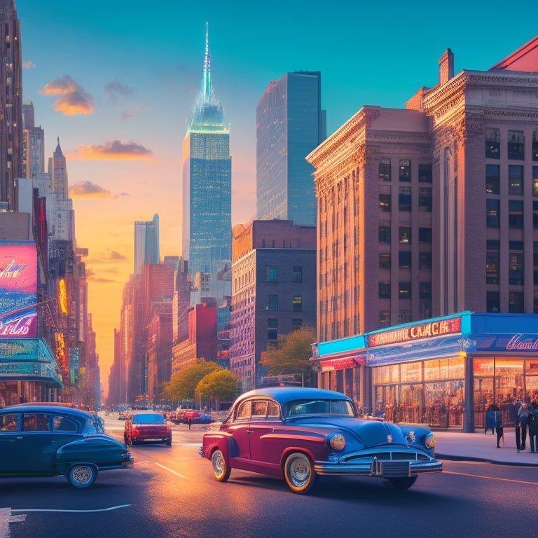 A vibrant, stylized illustration of New York City's iconic skyline at sunset, featuring a diverse array of storefronts, restaurants, and boutiques, with colorful neon signs and bustling streets.