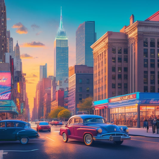A vibrant, stylized illustration of New York City's iconic skyline at sunset, featuring a diverse array of storefronts, restaurants, and boutiques, with colorful neon signs and bustling streets.